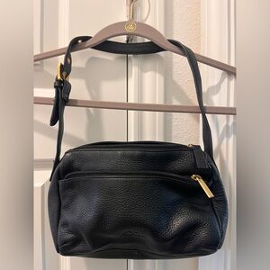 Stone Mountain Black Leather Shoulder Bag with Gold Accents